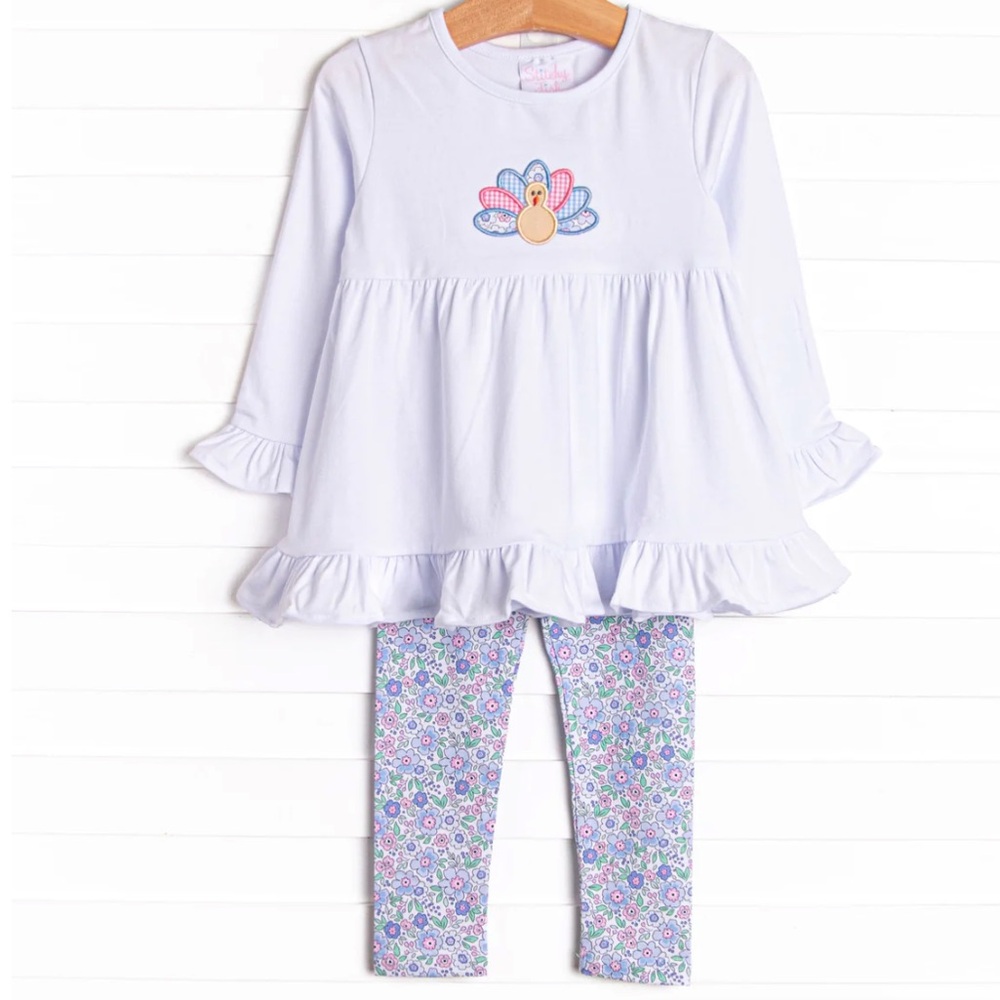Stitchy Fish Turkey Blessings Appliqué Leggings Set 12M NEW Floral Thanksgiving